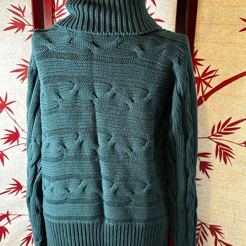 Talbots Green Chunky Cable Knit Convertible Collar Snap Front Cardigan Sweater M